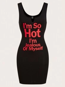 SHEIN ICON Women's Slogan Printed Spaghetti Strap Dress - Black - View 1