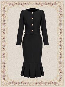 SHEIN DECDS Button-Up Jacket And Fish Tail Hem Skirt Set - Black - View 3