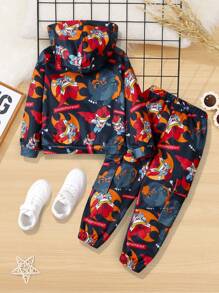 SHEIN 2pcs/Set Young Boy Casual Cartoon Print Hoodie And Fleece Pants Set, Thickened