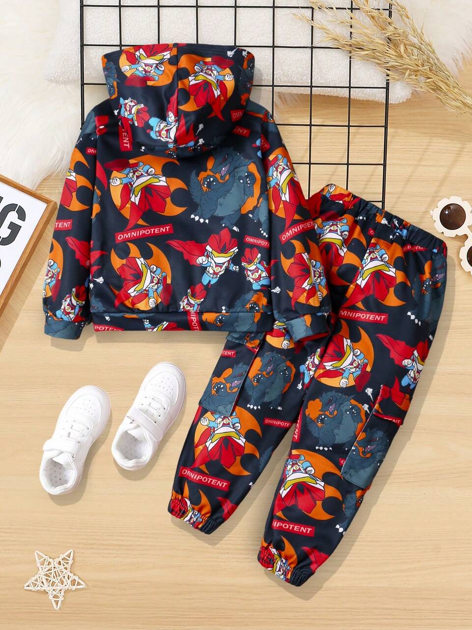 2pcs/Set Young Boy Casual Cartoon Print Hoodie And Fleece Pants Set, Thickened