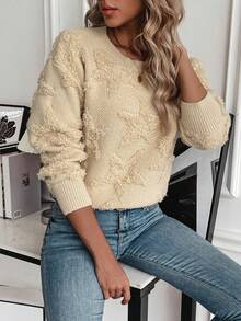 SHEIN LUNE Women's Round Neck Drop Shoulder Sweater - Apricot - View 3