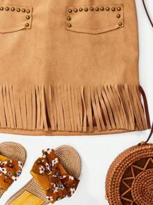SHEIN VCAY Studded Detail Fringe Hem Bodycon Skirt - Khaki - View 4