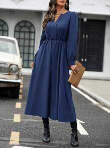 SHEIN Clasi Notched Neckline Puff Sleeve Dress - Blue - View 4