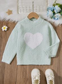 SHEIN 可愛的休閒愛心圖案女童針織毛衣(幼兒/兒童) - 薄荷綠 - 查看 1