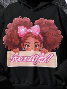 SHEIN 少女休闲可爱街头风卫衣，卡通人像印花 - 黑色 - 查看 5