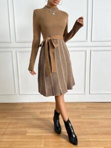 RosyDaze 女式帶鑲嵌魚骨圖案綁帶立領毛衣連身裙