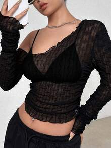 SHEIN Unity 不對稱領木耳邊T恤不附胸罩 - 黑色 - 查看 3