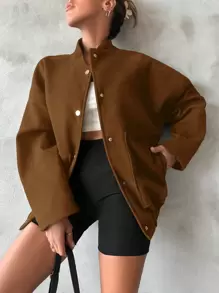 SHEIN Cottnline Manteau de femme avec col de baseball et fermeture à boutons devant - Tabac - Voir 1