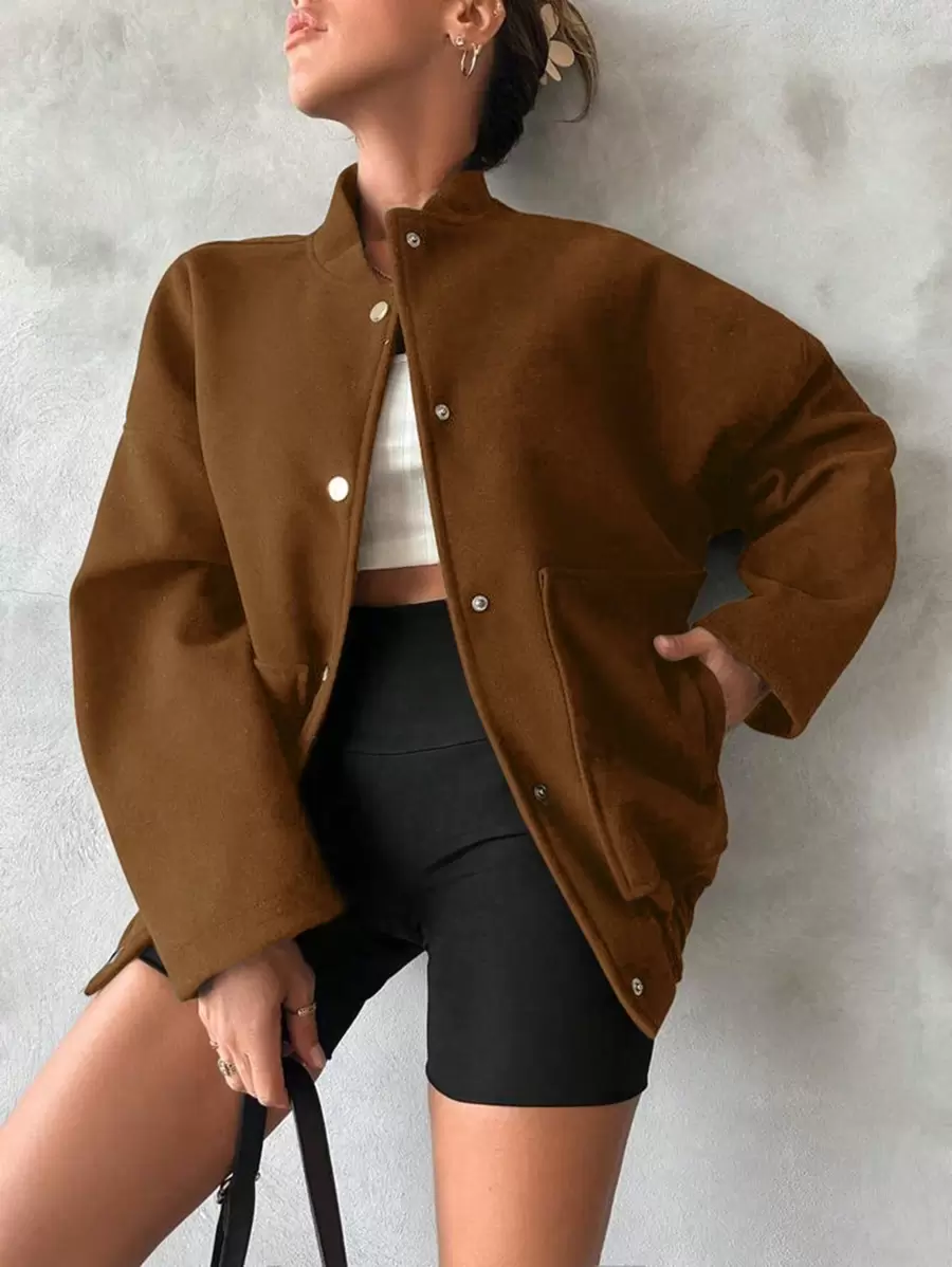 SHEIN Cottnline Manteau de femme avec col de baseball et fermeture à boutons devant - Tabac - Voir 1