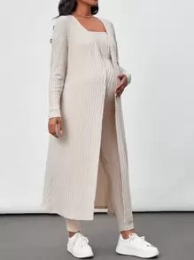 SHEIN Maternity Ribbed Jumpsuit & Cardigan Set With Strapless Design - Khaki - View 3