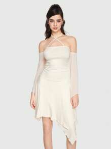 Sweetness Váy xếp nếp cổ chéo cho nữ - Màu be - Xem 4