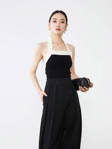 女款拼色修身簡約針織吊帶背心和青果領開襟衫 - 黑色 - 查看 7