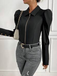 SHEIN Privé 泡泡袖金屬按鈕裝飾拉鍊襯衫 - 黑色 - 查看 7