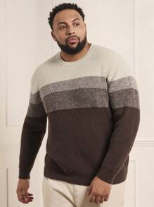 GENTILAND Men's Striped Plus Size Round Neck Sweater, Long Sleeve - Brown - View 1