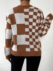 SHEIN Essnce Kẻ sọc Khối màu Nút Lên Áo len Mở - Màu be - Xem 2