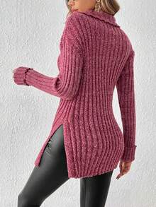 SHEIN Frenchy Áo len chui đầu cổ lọ xẻ cao khóa kéo nửa trơn - Màu đỏ tím - Xem 2