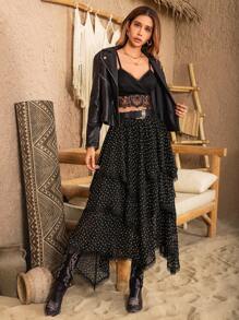 Rusttydustty Women's Black Polka Dot Asymmetric Layered Retro Romantic Skirt, Suitable For Holiday, Valentine's Day, New Year Party Wear - Black - View 7