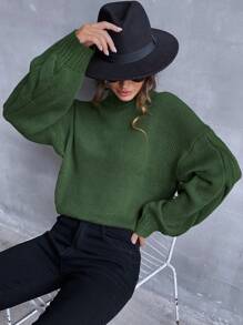 SHEIN LUNE Giải trí Quý cô Vòng cổ Màu thuần Thả vai Áo len - xanh quân đội - Xem 3