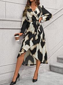 Chiquease Ladies' Asymmetrical Hem Tie Waist Dress With Tie Dye And Ruffle Hem - Coffee - View 3