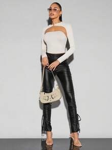 SHEIN BAE Solid Color Hollow Out Slim Fit T-shirt - Apricot - View 6