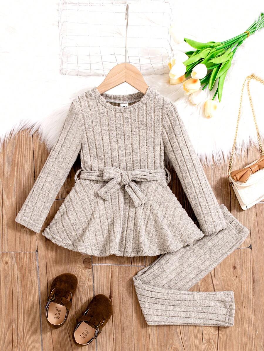 SHEIN 年轻女孩时尚罗纹针织长袖喇叭下摆连衣裙和紧身裤春秋季 2 件套 - 杏色 - 查看 1