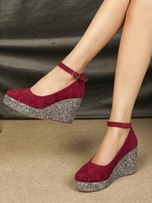 Zapatos Versátiles Y De Moda Con Tacón De Cuña Y Suela Gruesa En Terciopelo Rojo - Rojo - Ver 1