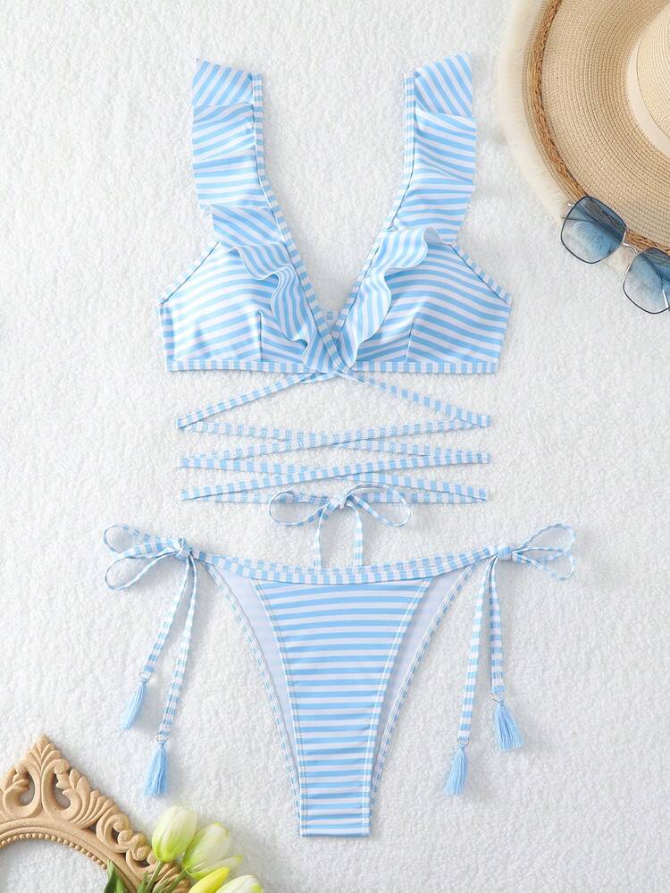 Women's Striped Ruffle Trim Bikini Set Summer Beach