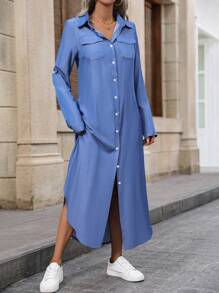 SHEIN LUNE Solid Color Women's Roll-up Sleeve Shirt Dress - Blue - View 3