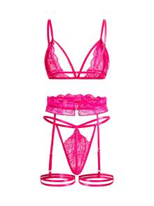 花卉蕾絲背帶吊帶襪內衣套裝 - 玫紅色 - 查看 2