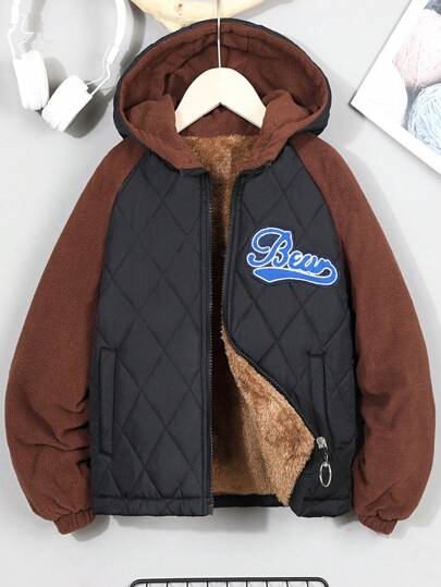 SHEIN Boys' Color Block Letter Patch Fleece Hooded Jacket