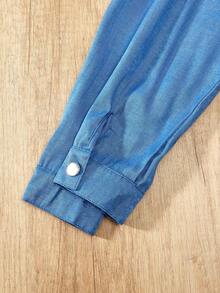 青少年女孩长袖牛仔效果印花腰带装饰休闲连衣裙