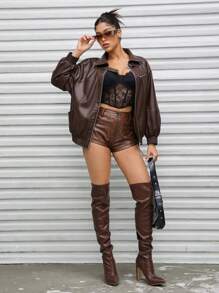 SHEINNeu Dây kéo Thả vai Da nhìn Áo khoác - màu nâu - Xem 9