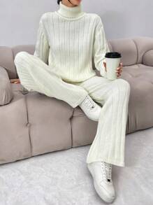 EURMUSE 女士高領落肩肋毛衣和褲子套裝 - 杏色 - 查看 5