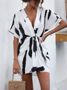 SHEIN LUNE 筆刷圖案蝙蝠袖連衣裙 - 黑與白 - 查看 4