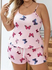 Plus Butterfly Print Cami Top & Shorts PJ Set / Pajama Set - Pink - View 4