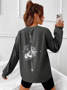 SHEIN EZwear Women's Compass Pattern Long Sleeve T-shirt - Dark Grey - View 1