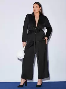 BizChic Của phụ nữ Đen Xa ten Cổ chữ V Kích thước lớn Áo vest Với Thắt Lưng - màu đen - Xem 6