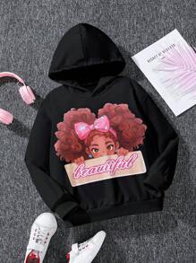 SHEIN 少女休闲可爱街头风卫衣，卡通人像印花 - 黑色 - 查看 1