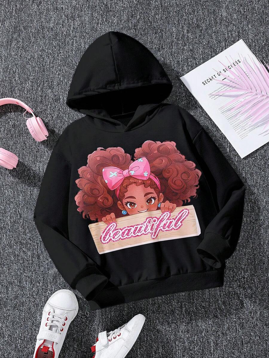 SHEIN 少女休闲可爱街头风卫衣，卡通人像印花 - 黑色 - 查看 1