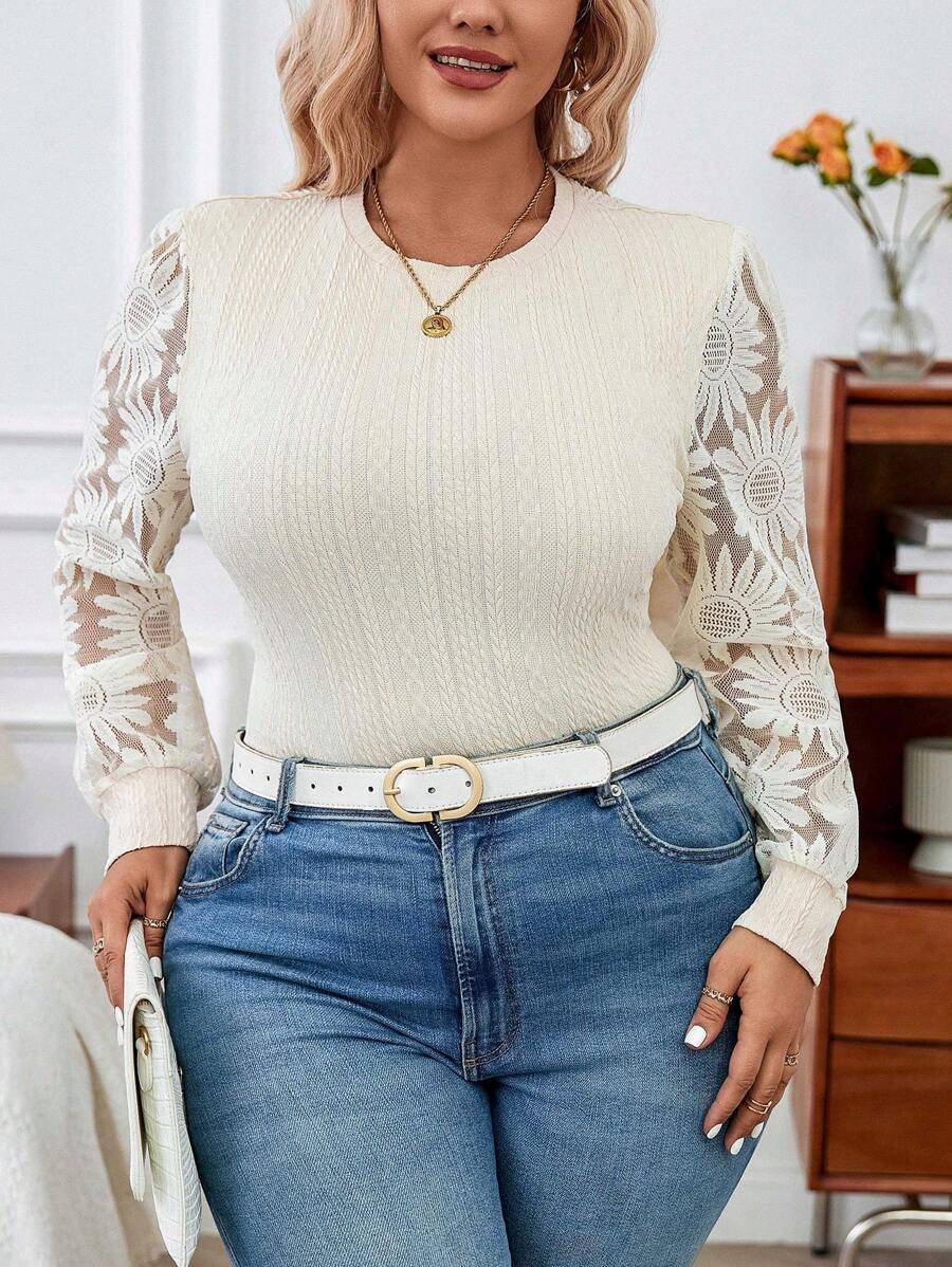 Calvaya Plus Size Women's Lace Patchwork Bodysuit - Apricot - View 1