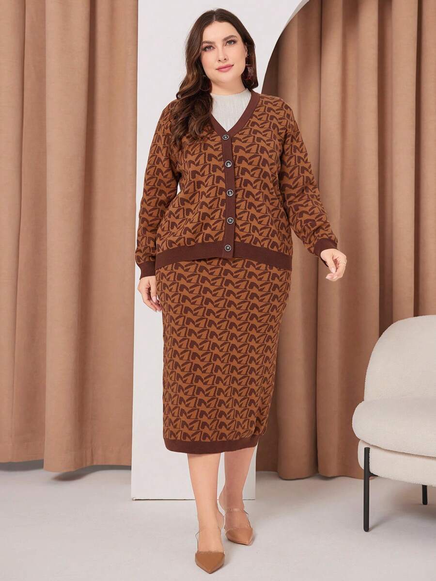 Mulvari Women'S Plus Size Full Printed Button Up Cardigan And Skirt Set 2 Piece Set - Brown - View 1