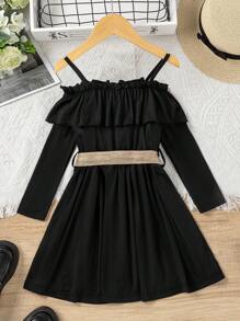 SHEIN Little Girls' Black Ruffle Hem Long Sleeve Dress - Black - View 2