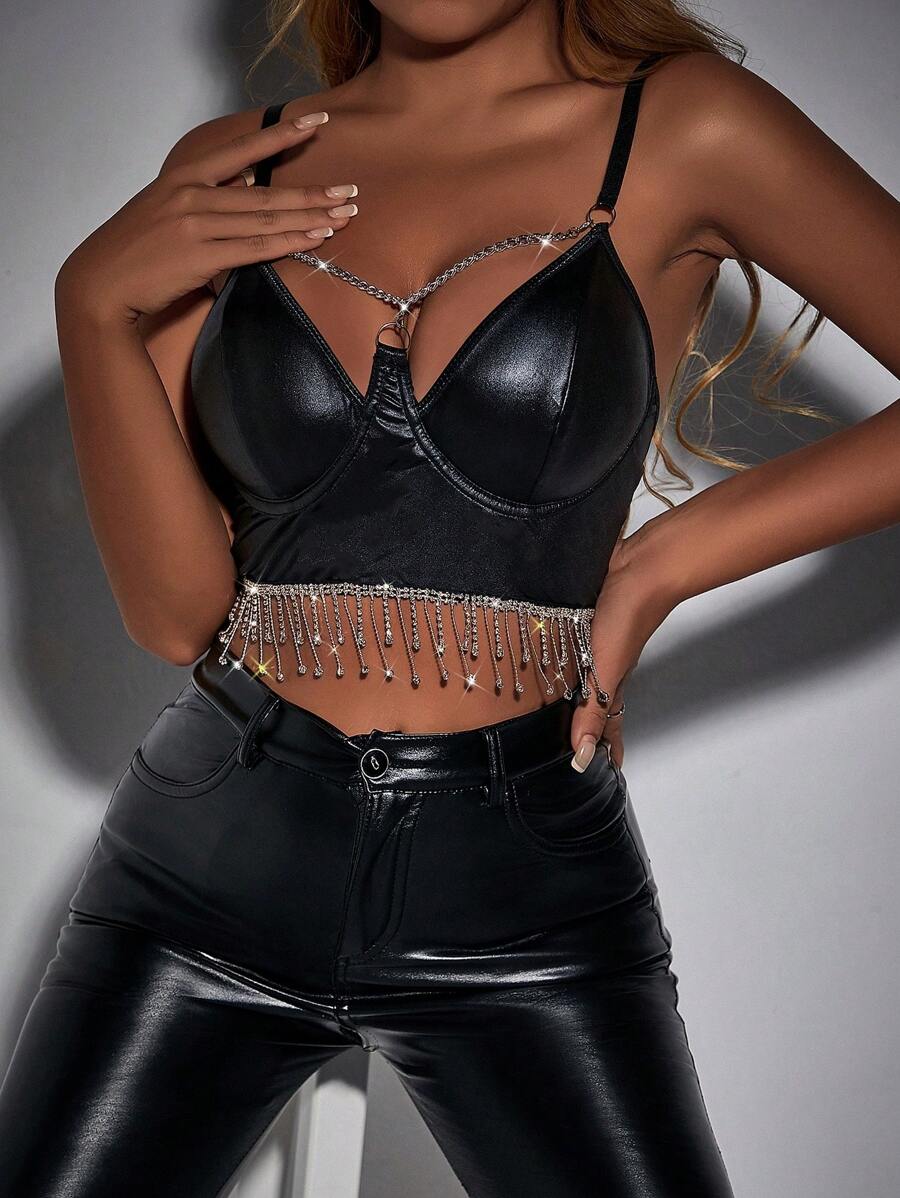 Allurite 女款無袖性感背心褲,鑽石和流蘇裝飾 - 黑色 - 查看 1