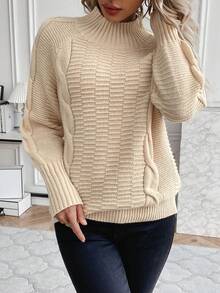 SHEIN LUNE Raglan Sleeves Cable Knit Sweater - Apricot - View 6