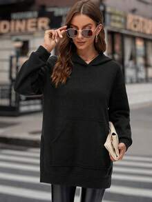 SHEIN LUNE Women's Solid Color Drop Shoulder Hooded Sweatshirt - Black - View 5