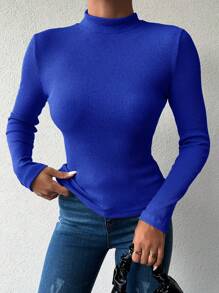 EURMUSE Của phụ nữ Thon gọn Sọc Đứng cổ áo Áo len - Màu xanh lam - Xem 4