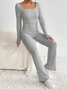 SHEIN Essnce 女士貼身連身褲,具有模擬頸部和肋骨紋路 - 灰色 - 查看 8