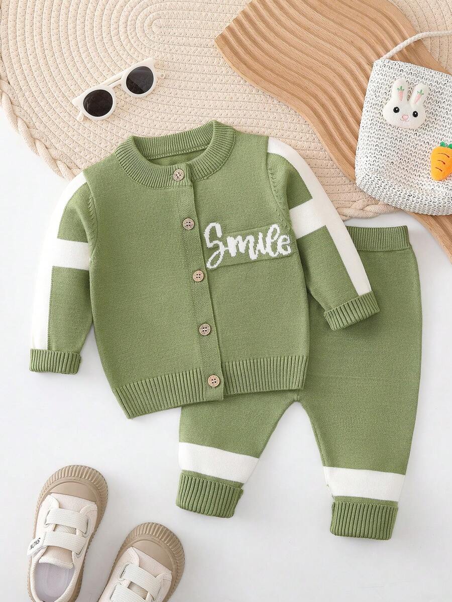 全新的秋冬男孩毛衣套裝,帶有文字圖像 - 綠色 - 查看 1