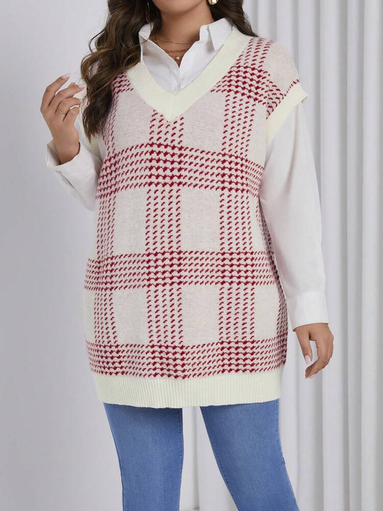 Women's Plus Size V-neck Colorblock Plaid Sweater Vest With Decorative Edges
