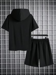 Conjunto De Dos Piezas De Sudadera De Manga Corta Y Pantalones Cortos unicolor Para Adolescentes Y Mujeres - Negro - Ver 2